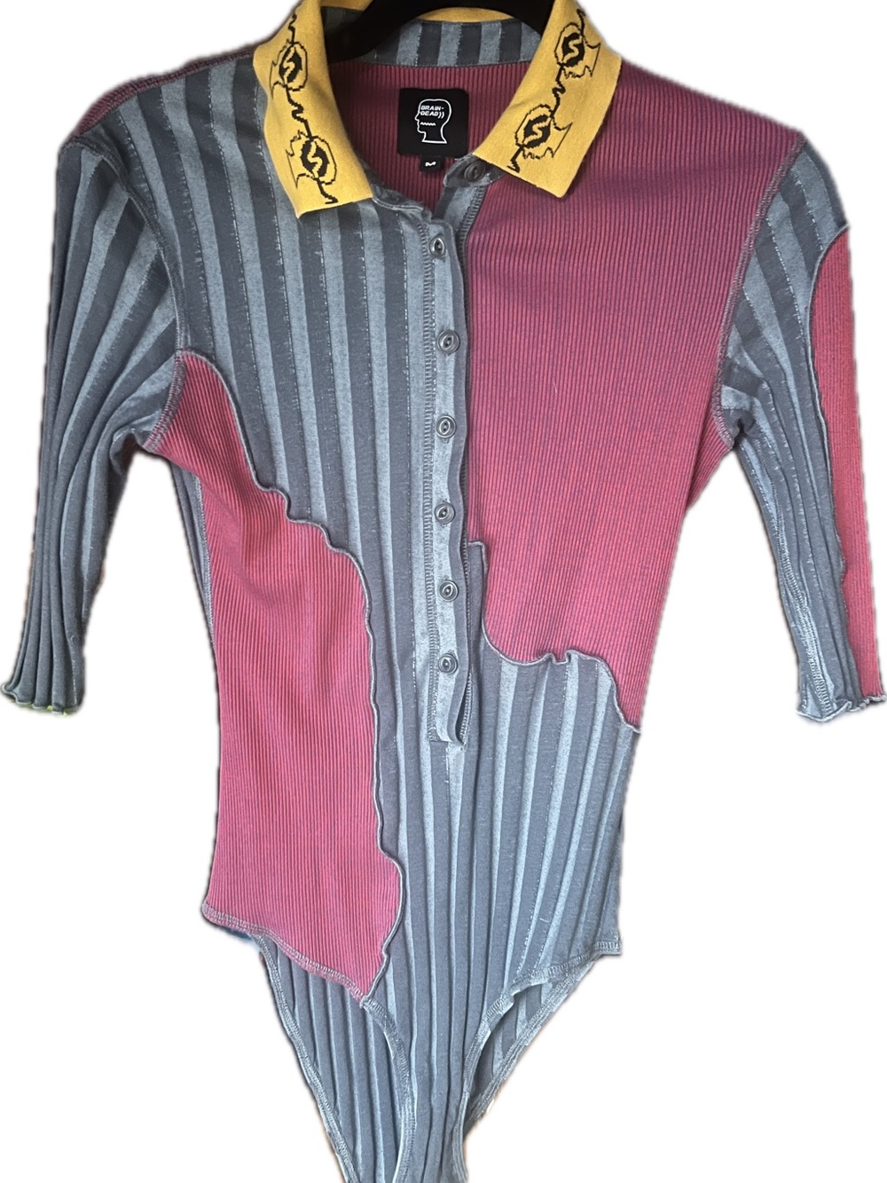 Brain Dead Pink and Gray Ribbed Colorblock One-Piece with Yellow Collar